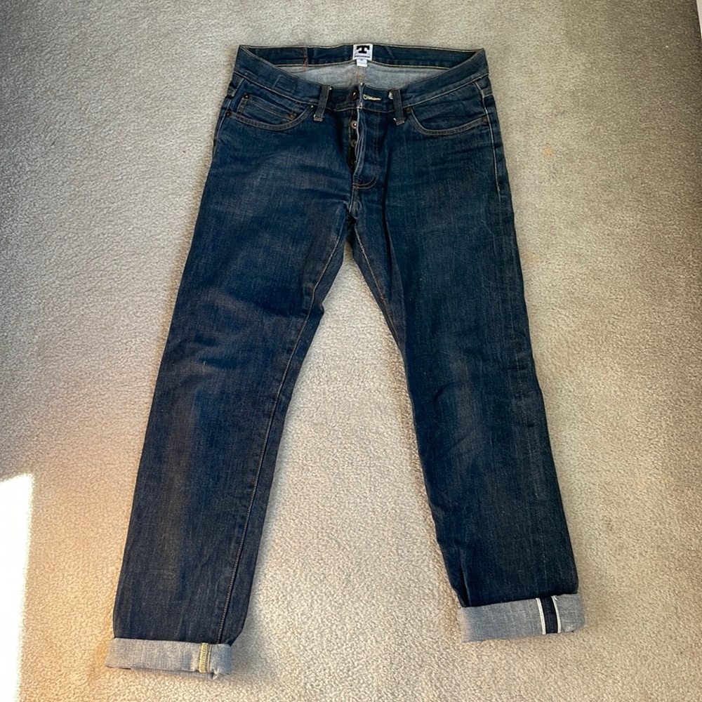 Tellason selvedge White Oak Cone Mills denim jeans, size 31. 31x34